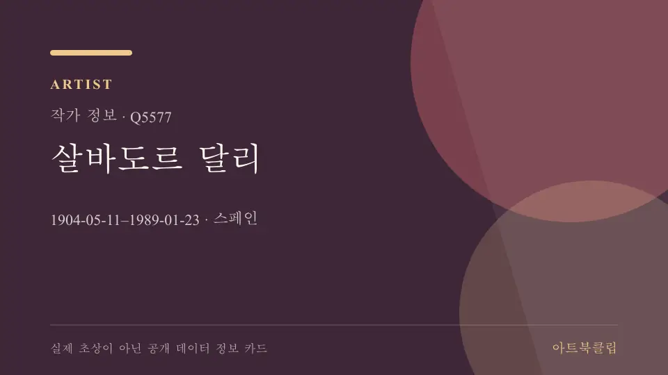 살바도르 달리의 확인된 기초 정보를 정리한 아트북클립 정보 카드