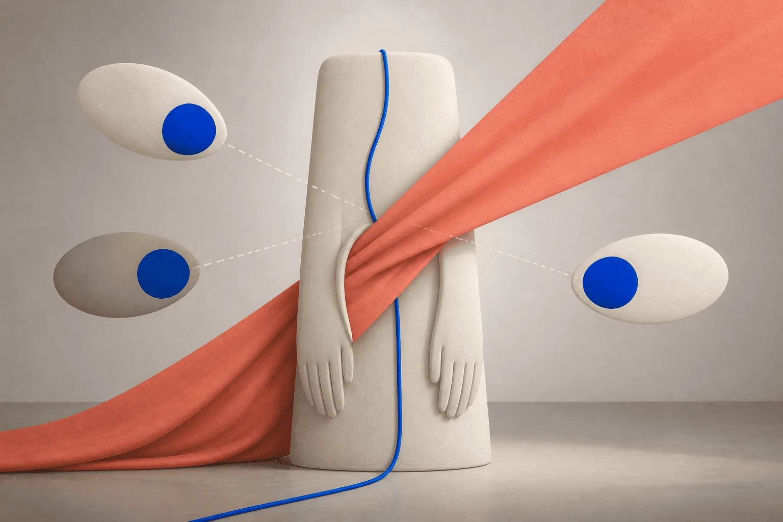 아래로 떨어지는 선과 붉은 대각선, 세 방향의 얼굴을 보여 주는 해설 일러스트