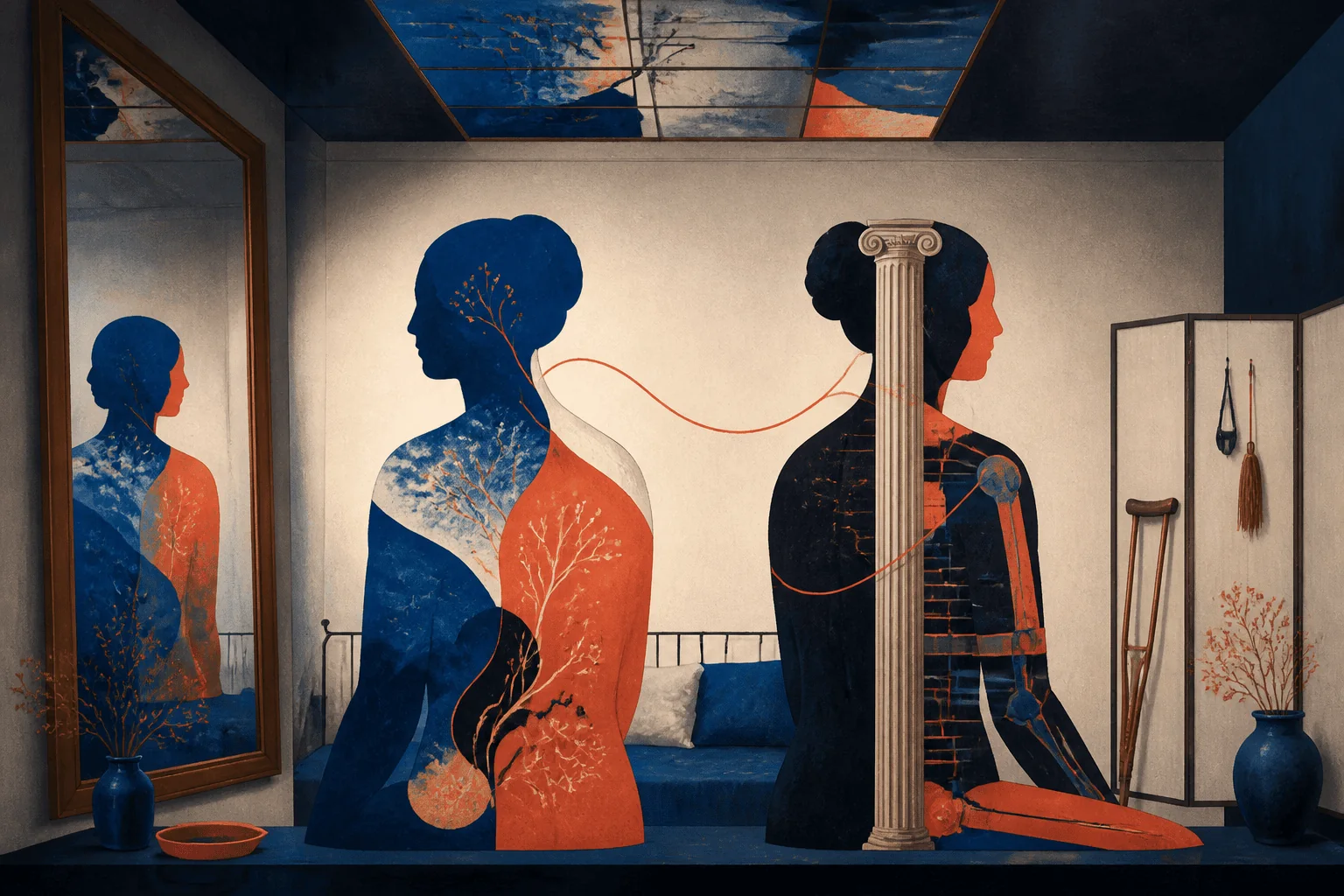 거울, 의료 보조기, 두 겹의 자화상 상징을 연결한 편집 일러스트